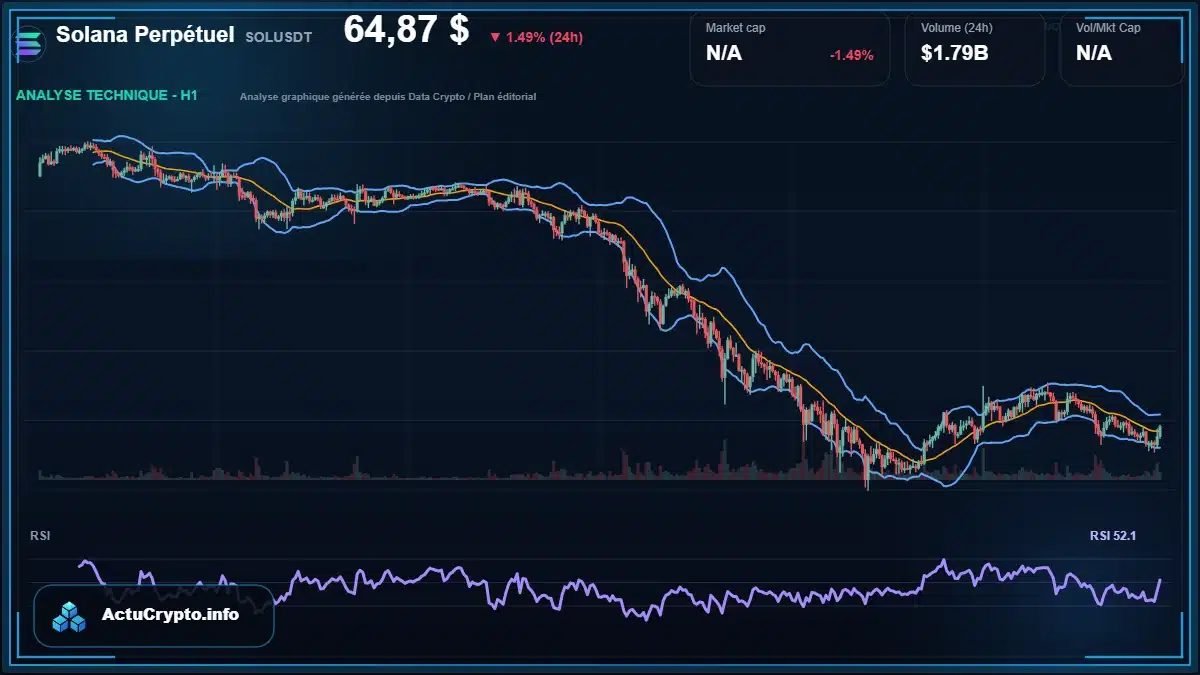 Graphique du cours Solana Perpétuel à 64.87 $ Analyse technique du cours de Solana Perpétuel de solana à 64.87 $ aujourd'hui