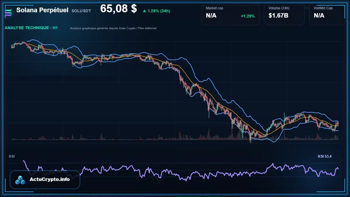 Graphique du cours Solana Perpétuel à 65.08 $ Analyse technique du cours de Solana Perpétuel de solana à 65.08 $ aujourd'hui