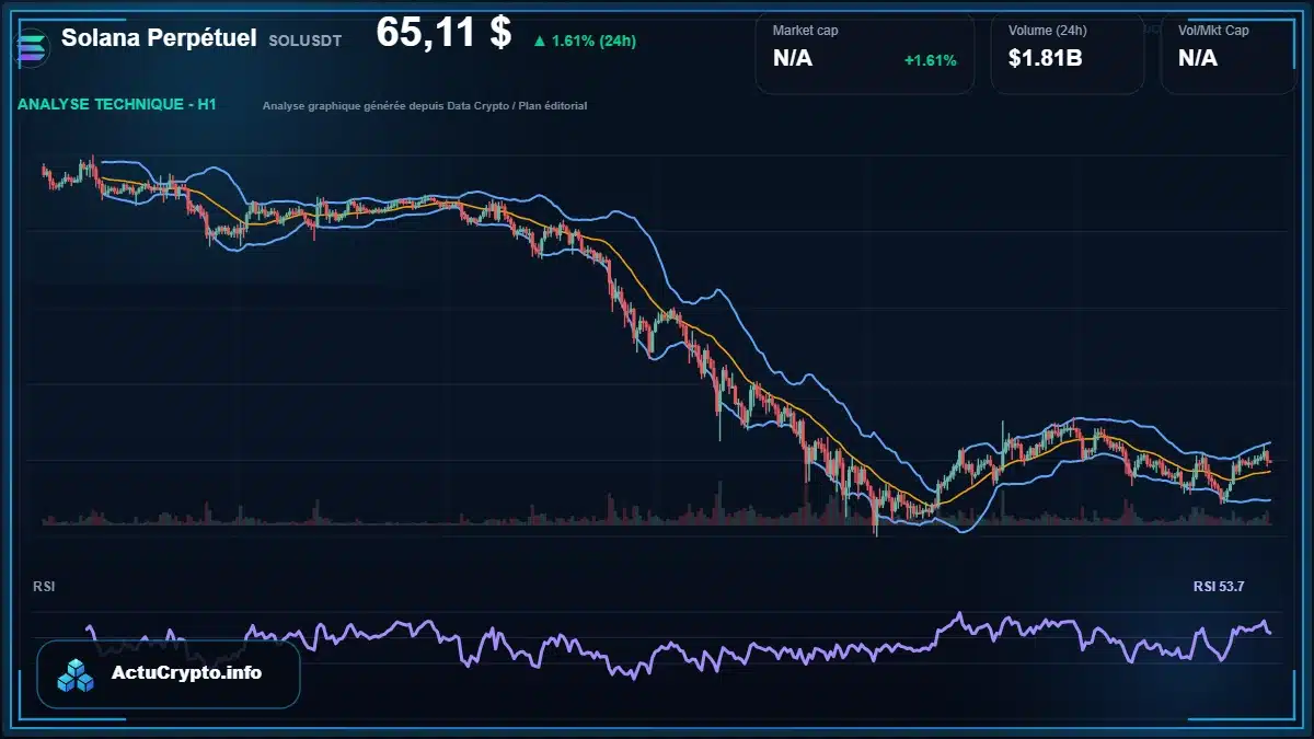 Graphique du cours Solana Perpétuel à 65.11 $ Analyse technique du cours de Solana Perpétuel de solana à 65.11 $ aujourd'hui