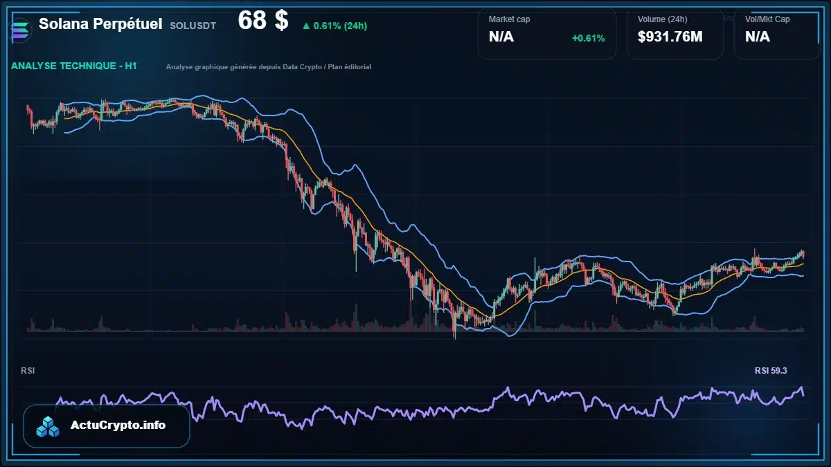 Graphique du cours Solana Perpétuel à 68.00 $ Analyse technique du cours de Solana Perpétuel de solana à 68.00 $ aujourd'hui