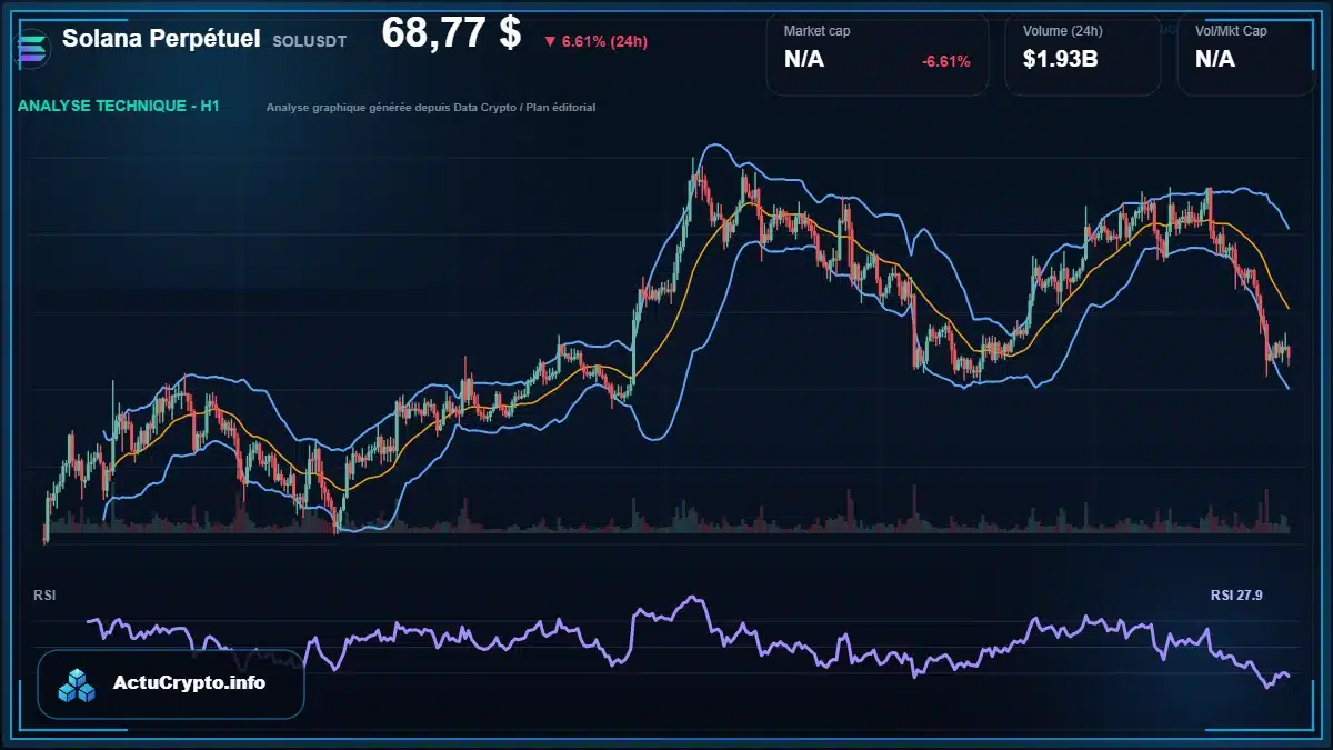 Graphique du cours Solana Perpétuel à 68.77 $ Analyse technique du cours de Solana Perpétuel de solana à 68.77 $ aujourd'hui