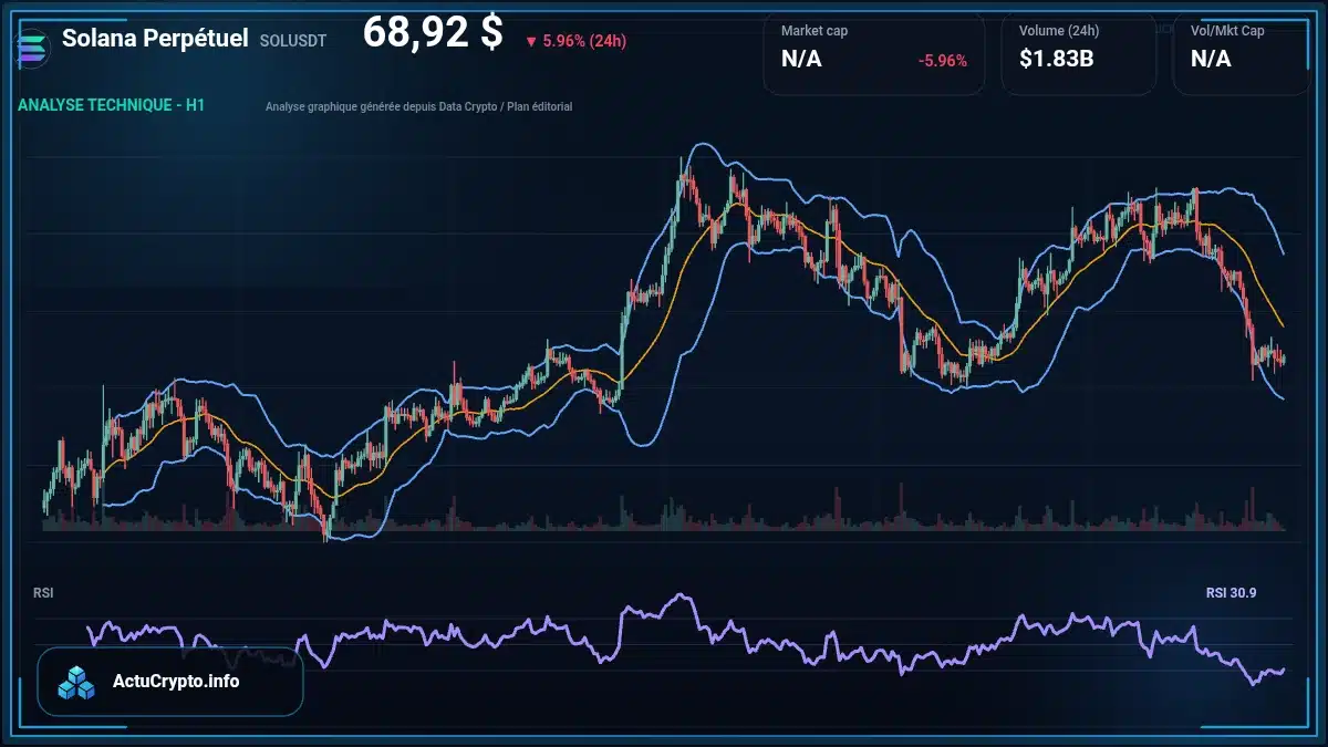 Graphique du cours Solana Perpétuel à 68.92 $ Analyse technique du cours de Solana Perpétuel de solana à 68.92 $ aujourd'hui