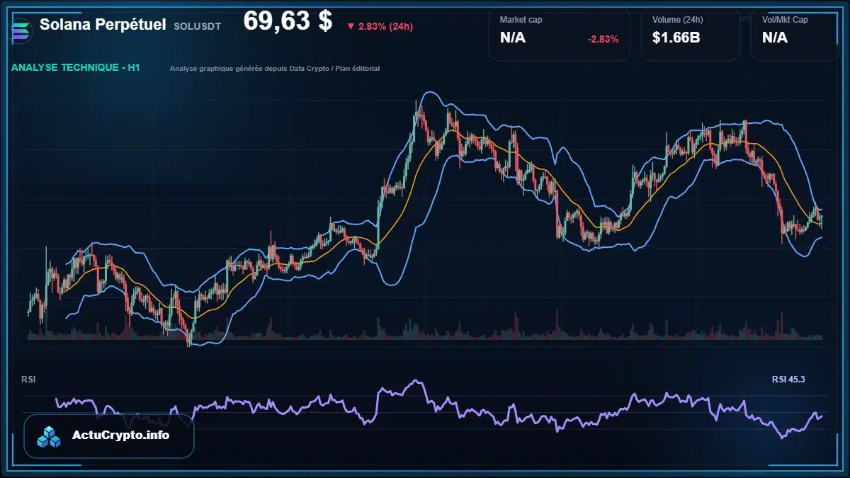 Graphique du cours Solana Perpétuel à 69.63 $ Analyse technique du cours de Solana Perpétuel de solana à 69.63 $ aujourd'hui