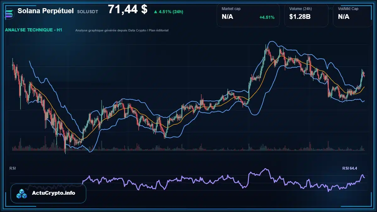 Graphique du cours Solana Perpétuel à 71.44 $ Analyse technique du cours de Solana Perpétuel de solana à 71.44 $ aujourd'hui
