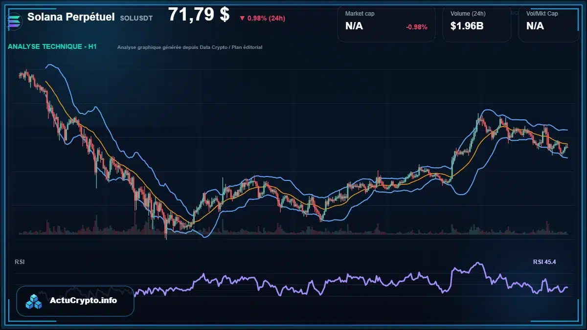 Graphique du cours Solana Perpétuel à 71.79 $ Analyse technique du cours de Solana Perpétuel de solana à 71.79 $ aujourd'hui