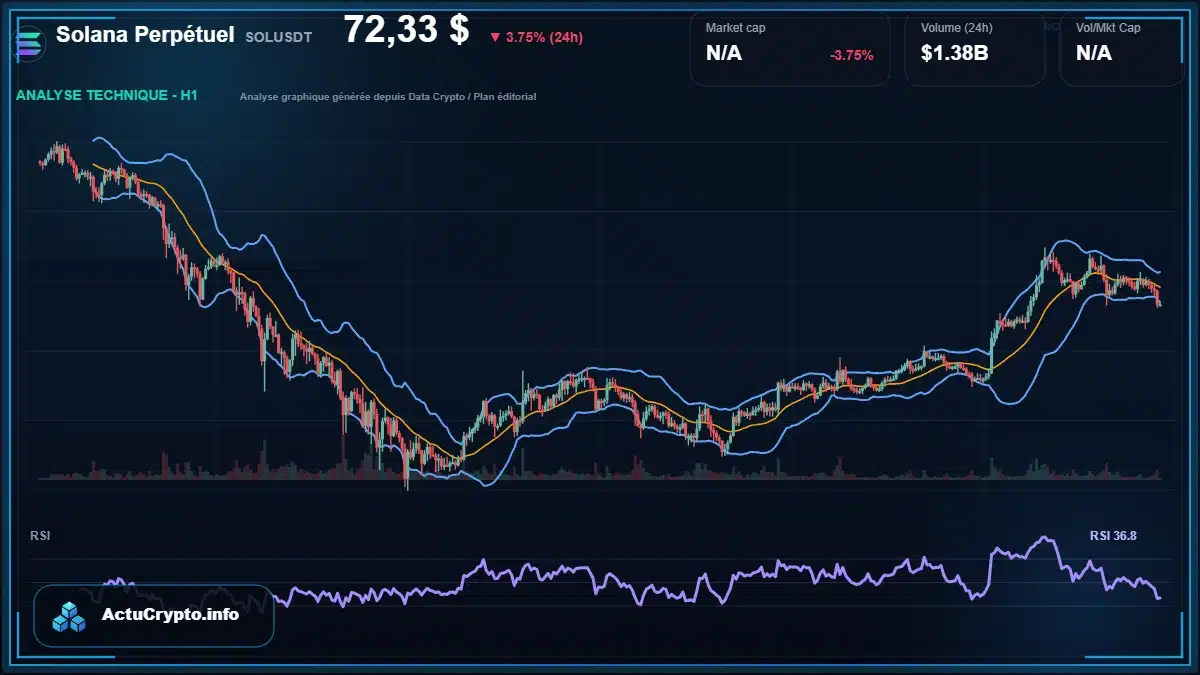 Graphique du cours Solana Perpétuel à 72.33 $ Analyse technique du cours de Solana Perpétuel de solana à 72.33 $ aujourd'hui