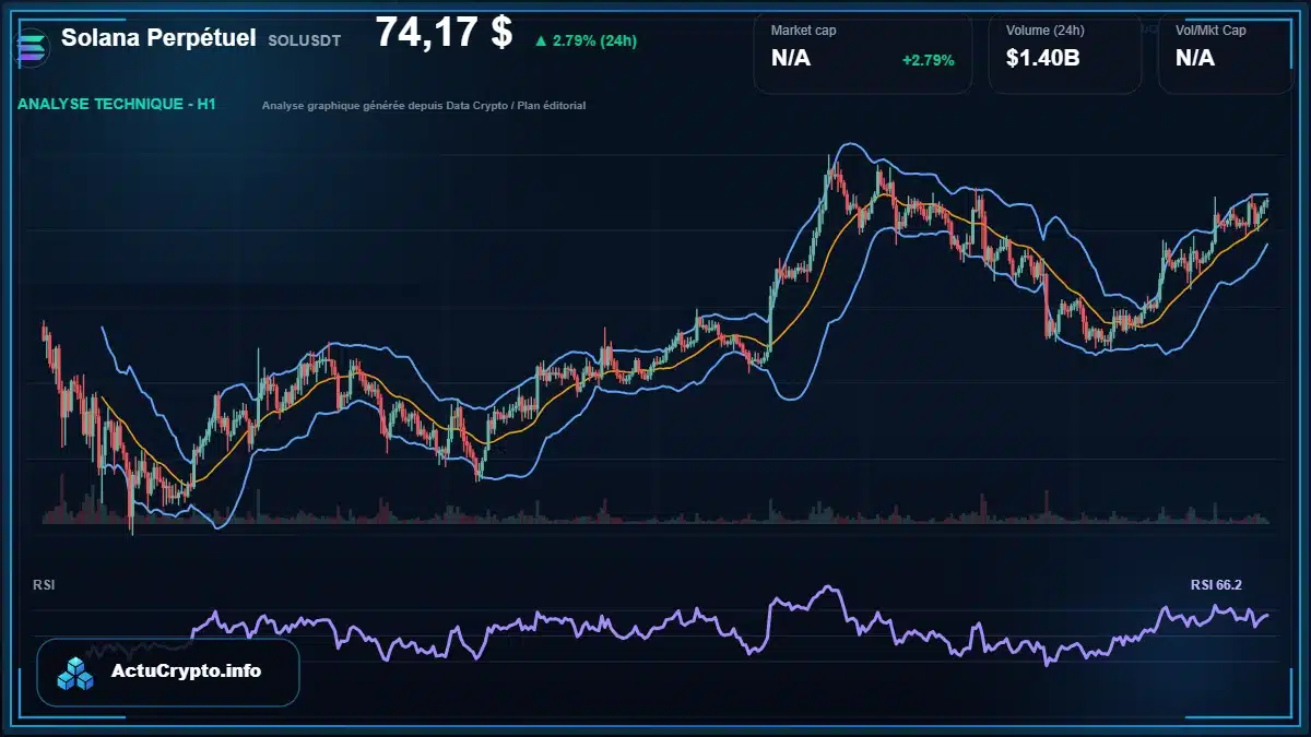 Graphique du cours Solana Perpétuel à 74.17 $ Analyse technique du cours de Solana Perpétuel de solana à 74.17 $ aujourd'hui
