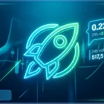 Graphique illustrant la hausse du cours Stellar avec une fusée lumineuse et le prix XLM en augmentation de 23 %