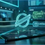 Logo holographique de Stellar affichant le cours Stellar en hausse de 10 % sur un terminal de trading