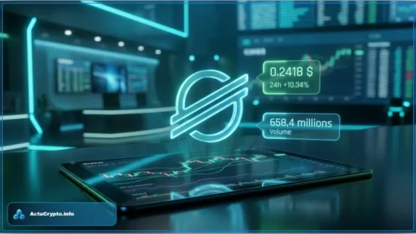 Logo holographique de Stellar affichant le cours Stellar en hausse de 10 % sur un terminal de trading