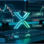 Logo de la cryptomonnaie XRP devant des écrans affichant des graphiques d'analyse technique du cours XRP, illustrant une baisse de prix.