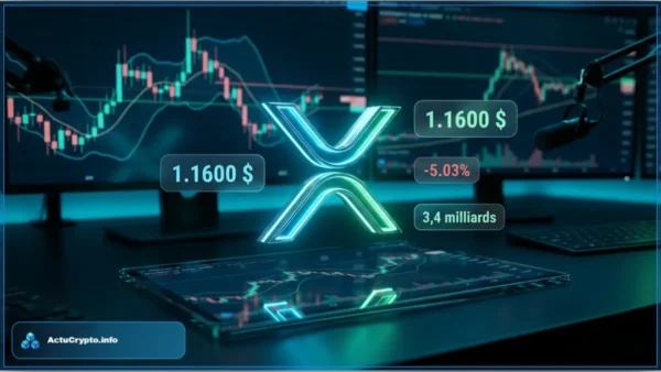 Logo de la cryptomonnaie XRP devant des écrans affichant des graphiques d'analyse technique du cours XRP, illustrant une baisse de prix.