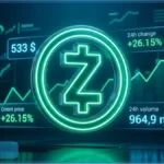 Graphique illustrant la hausse du cours Zcash à 533 dollars avec des indicateurs de marché verts