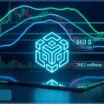Graphique financier montrant le logo lumineux de la crypto de Binance avec un prix affiché à 563 dollars face aux décisions de la Fed.