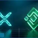 Illustration 3D de la confrontation entre les cryptomonnaies XRP (logo en néon cyan) et BNB (logo en cristal vert), symbolisant leur duel pour la domination du marché des altcoins et leur différence de capitalisation.