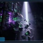 Structure informatique de minage crypto en destruction avec des néons verts et violets illustrant la chute des revenus du Proof-of-Work