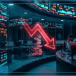 Flèche rouge en chute libre et pièces brisées symbolisant la sortie de capitaux des ETF Bitcoin face à des traders inquiets