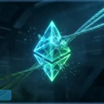 Logo Ethereum en cristal fissuré sous tension entre des câbles métalliques, illustrant la pression sur le prix de l'ETH