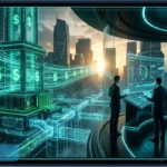 Illustration technologique d'un pilier central lumineux représentant le fonds de réserve de Fidelity pour les stablecoins