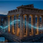 Le Parthénon d'Athènes illuminé la nuit, avec des flux de données numériques bleutés symbolisant l'instauration de la nouvelle fiscalité crypto en Grèce.