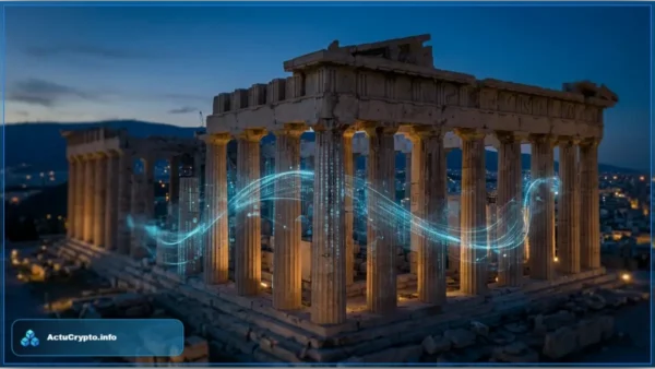 Le Parthénon d'Athènes illuminé la nuit, avec des flux de données numériques bleutés symbolisant l'instauration de la nouvelle fiscalité crypto en Grèce.