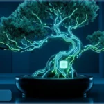 Rendu 3D minimaliste d'un bonsaï numérique symbolisant l'investissement japonais en cryptomonnaies