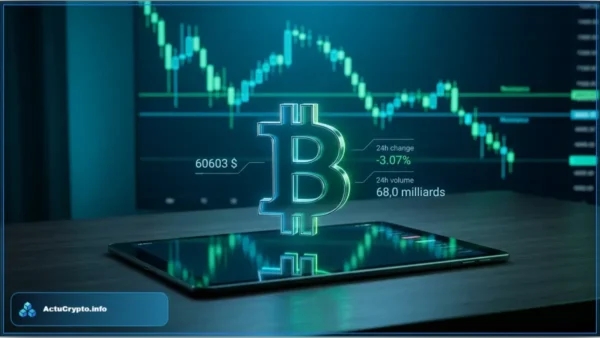 Graphique d'analyse technique illustrant la chute du cours Bitcoin à 60603 $, avec un indicateur de survente signalant un support critique pour la cryptomonnaie.