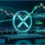 Graphique de trading montrant le logo XRP en 3D avec le prix à 1,117 dollar et des indicateurs techniques