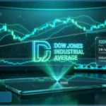 Interface holographique affichant le cours du Dow Jones Industrial Average à 52 000 points avec une hausse de 2,22 pourcent