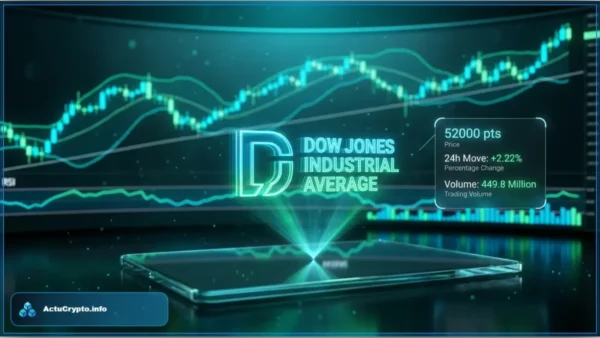 Interface holographique affichant le cours du Dow Jones Industrial Average à 52 000 points avec une hausse de 2,22 pourcent