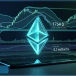 Logo Ethereum lumineux avec graphiques de trading et donnees de marche