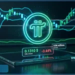 Logo 3D de Pi Network avec un graphique boursier affichant le prix a 0,1310 dollar