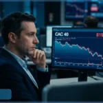 Un trader analyse le graphique du CAC 40 sur son écran, montrant une tendance baissière et le niveau de 8191 points.