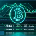 Symbole Bitcoin en néon vert sur un graphique financier indiquant le cours Bitcoin à 63426 dollars