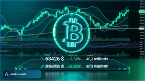 Symbole Bitcoin en néon vert sur un graphique financier indiquant le cours Bitcoin à 63426 dollars