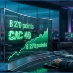 Écrans de trading affichant une courbe verte ascendante représentant la hausse du CAC 40 au-dessus des 8 270 points