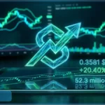 Graphique holographique montrant le prix de la crypto IA SkyAI à 0,3581 dollar avec une hausse de 20,40 %