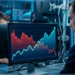 Un trader analyse la chute du Dow Jones sur un écran affichant un graphique boursier rouge et bleu, symbolisant la divergence du marché.
