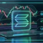 Tableau de bord futuriste montrant le logo Solana en 3D, un graphique boursier, le prix à 68 dollars et un volume de 1,6 milliard