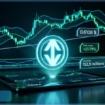 Hologramme du logo Stargate Finance STG au-dessus d'une tablette avec des graphiques de trading en hausse