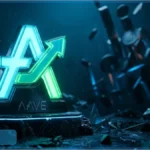 Logo Aave en 3D avec une flèche verte ascendante illustrant la hausse du jeton DeFi