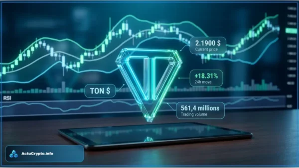 Logo du Toncoin (TON) devant un graphique de prix affichant une hausse de 18% à 2,190$.