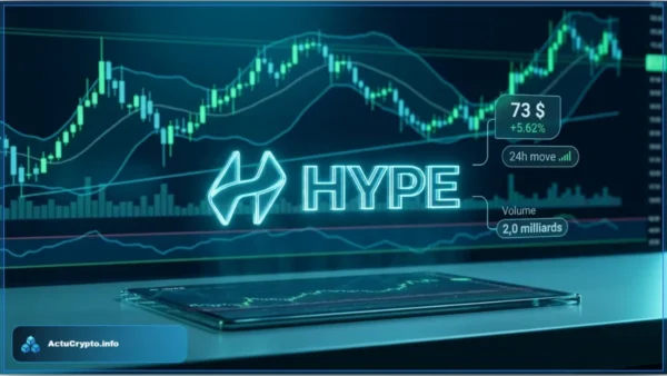 Illustration 3D du logo de la crypto Hyperliquid (HYPE) avec un graphique de marché en arrière-plan montrant une tendance haussière vers le niveau de résistance de 73 $.