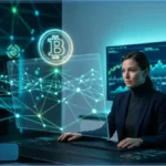 Illustration 3D de crypto-monnaies avec des tons cyan néon et vert