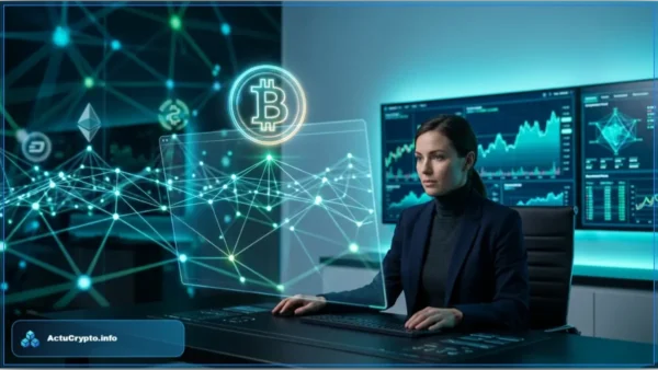 Illustration 3D de crypto-monnaies avec des tons cyan néon et vert