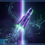 Fusée futuriste lumineuse illustrant la hausse de 30 % des contrats crypto avant l'IPO SpaceX