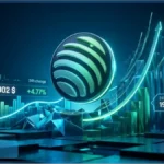 Illustration 3D du logo Jupiter Project avec une flèche haussière et des données de marché crypto