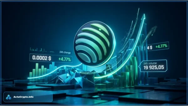 Illustration 3D du logo Jupiter Project avec une flèche haussière et des données de marché crypto