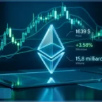 Logo de la crypto-monnaie Ethereum (ETH) superposé sur un graphique d'analyse technique montrant le cours à 1639 $ et une hausse de 3.58%.