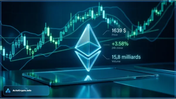 Logo de la crypto-monnaie Ethereum (ETH) superposé sur un graphique d'analyse technique montrant le cours à 1639 $ et une hausse de 3.58%.